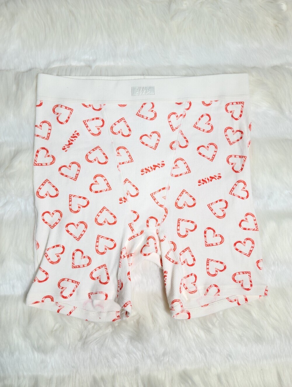 SKIMS Cotton Rib Boxer Short White Red Print Women Medium NEW